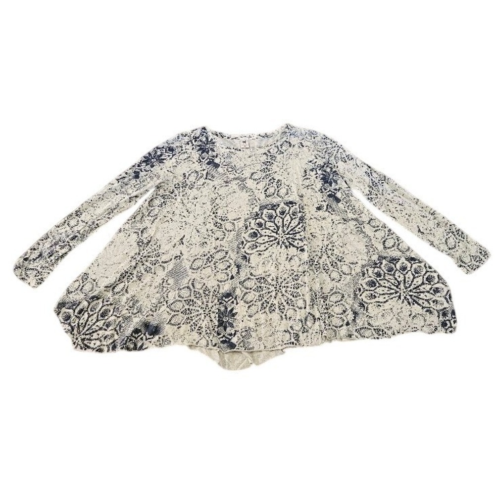 Peruvian Connection Pima Cotton Modal Blue Lace Print Swing Tunic Top M/L